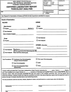 Sample Blood & Toxicology Report used in New Jersey DWI and DUI cases